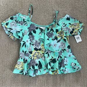 J.O.A. Teal Flower Ruffle off the shoulder cap sleeves Blouse